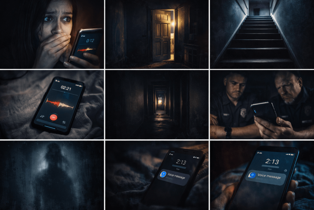 real life horror story disappearance collage showing last voice note mystery and haunted voice recording scenes